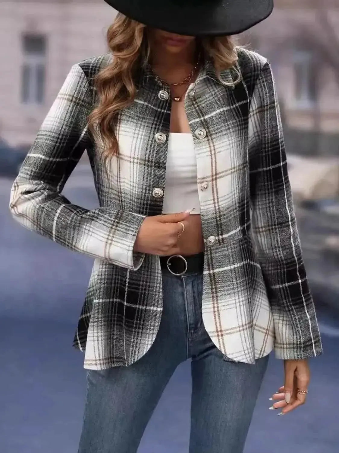 Plaid Button Up Long Sleeve Jacket - Bad Moms Club