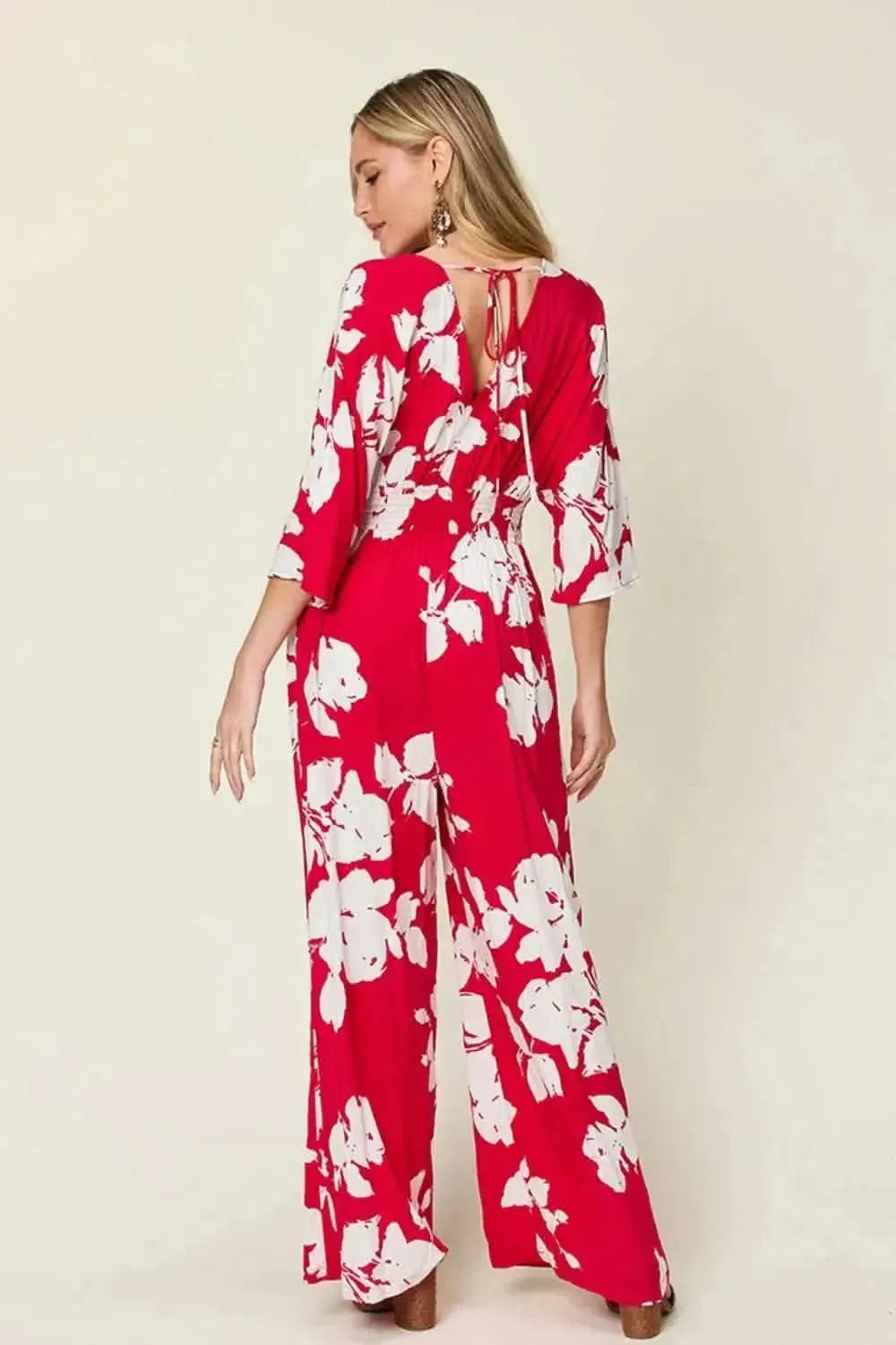 Double Take Full Size Printed Tie Back Wide Leg Jumpsuit - Bad Moms Club