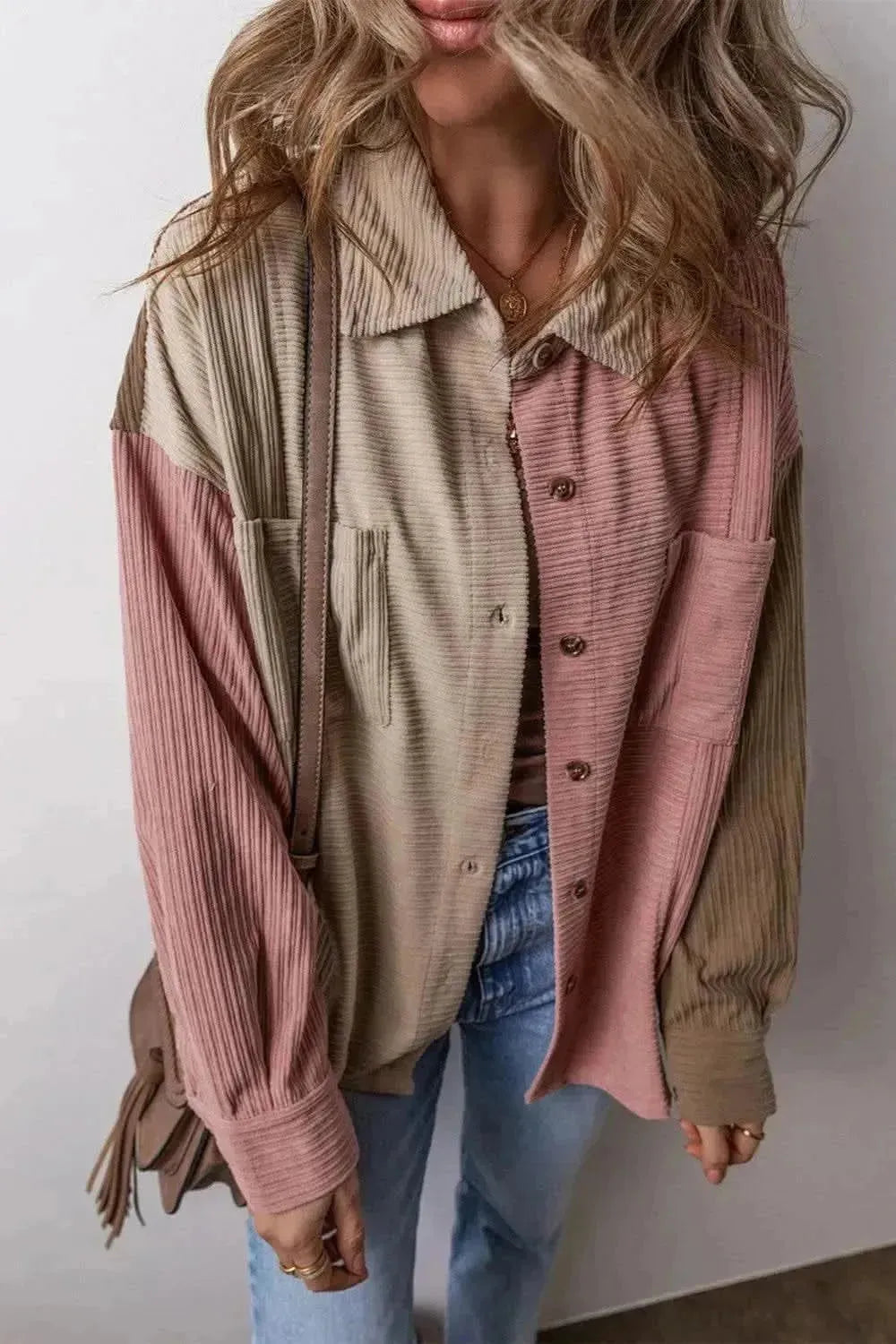 Button Up Color Block Long Sleeve Shacket - Bad Moms Club