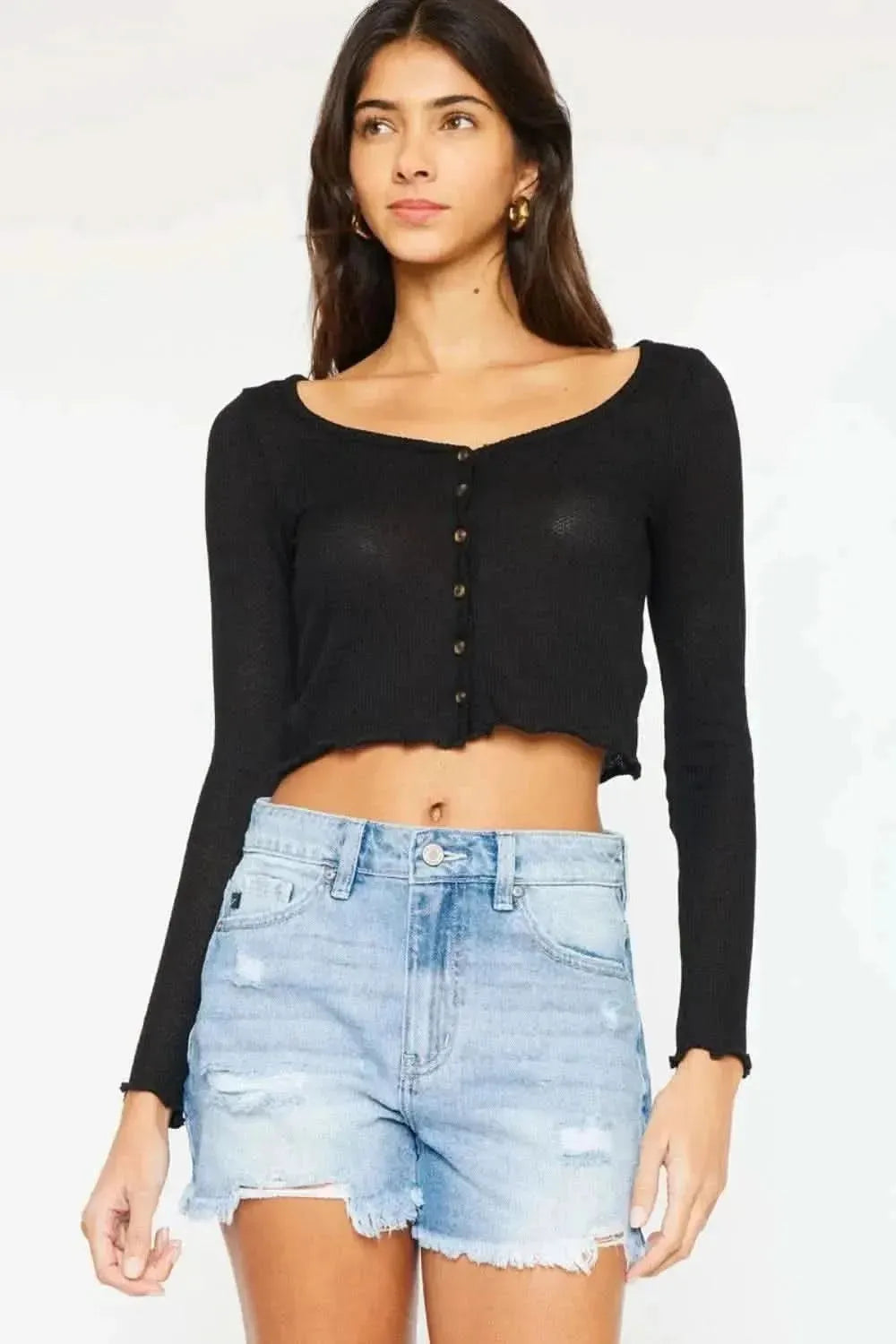 Kancan High Waist Frayed Denim Shorts - Bad Moms Club