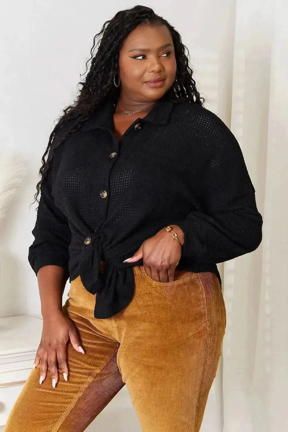Double Take Waffle-Knit Collared Neck Dropped Shoulder Shirt - Bad Moms Club