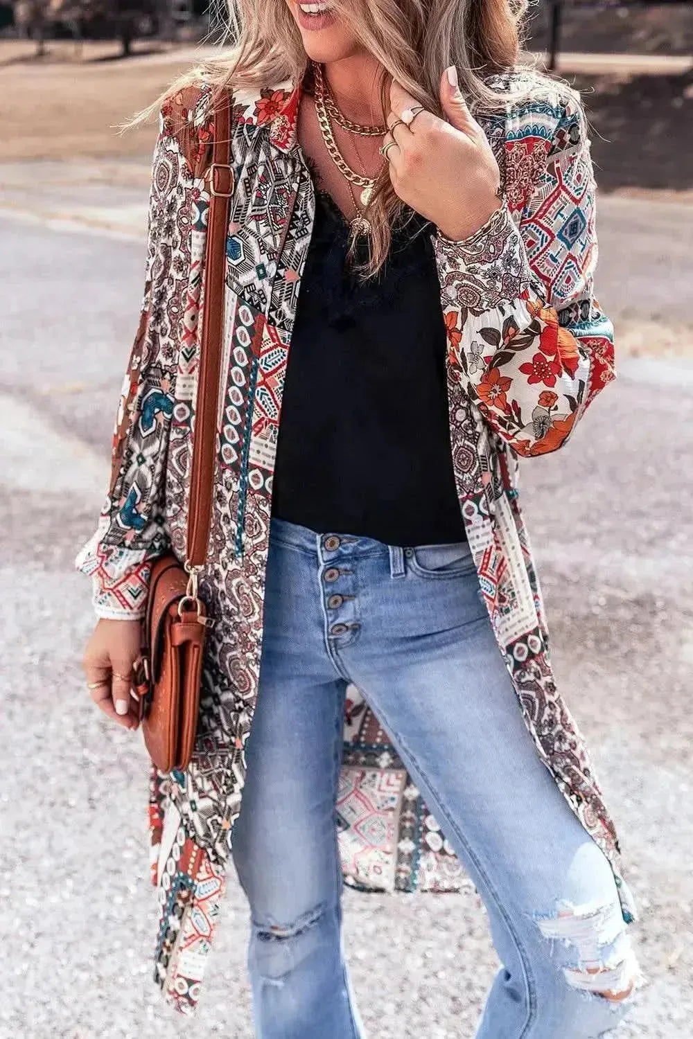 Printed Open Front Collared Neck Cardigan - Bad Moms Club