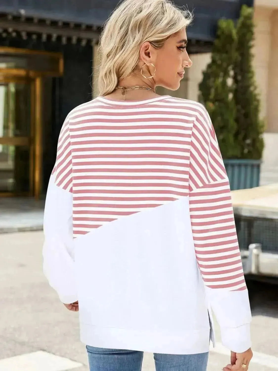 Slit Contrast Striped Long Sleeve Sweatshirt - Bad Moms Club