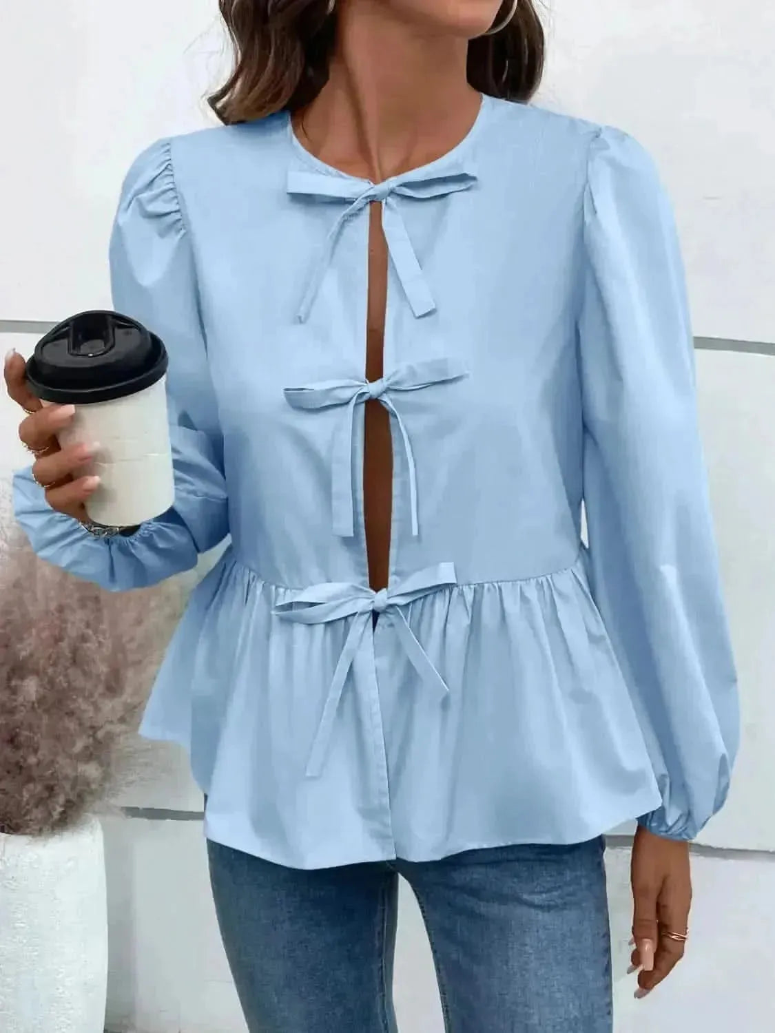 Ivy Lane Peplum Tied Long Sleeve Blouse - Bad Moms Club