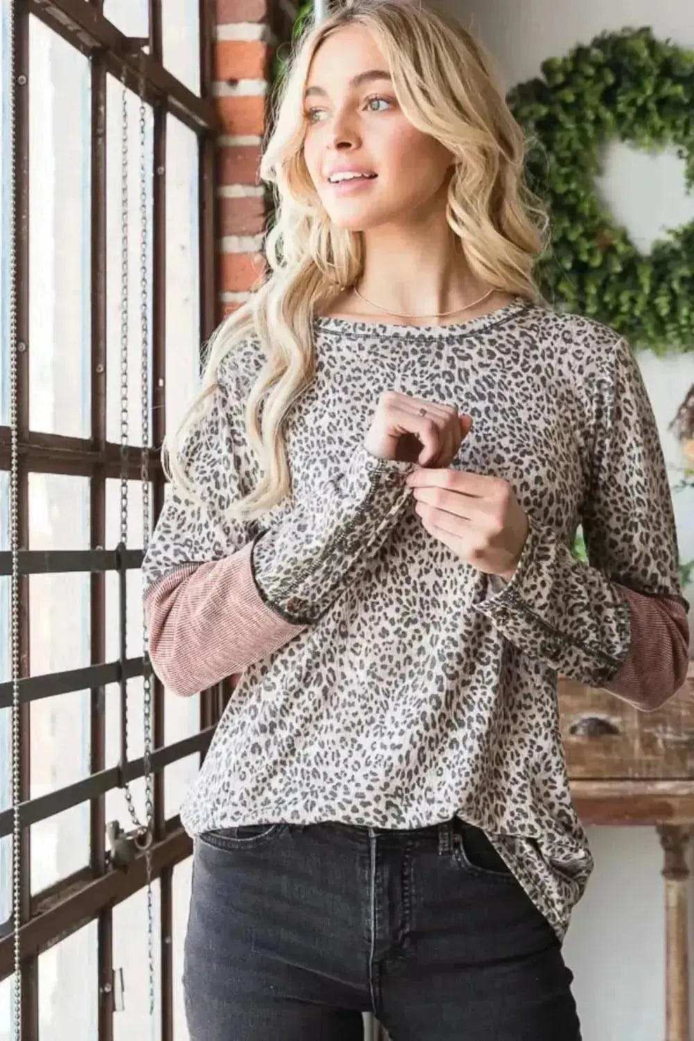 Heimish Full Size Leopard Exposed Seam Contrast T-Shirt - Bad Moms Club