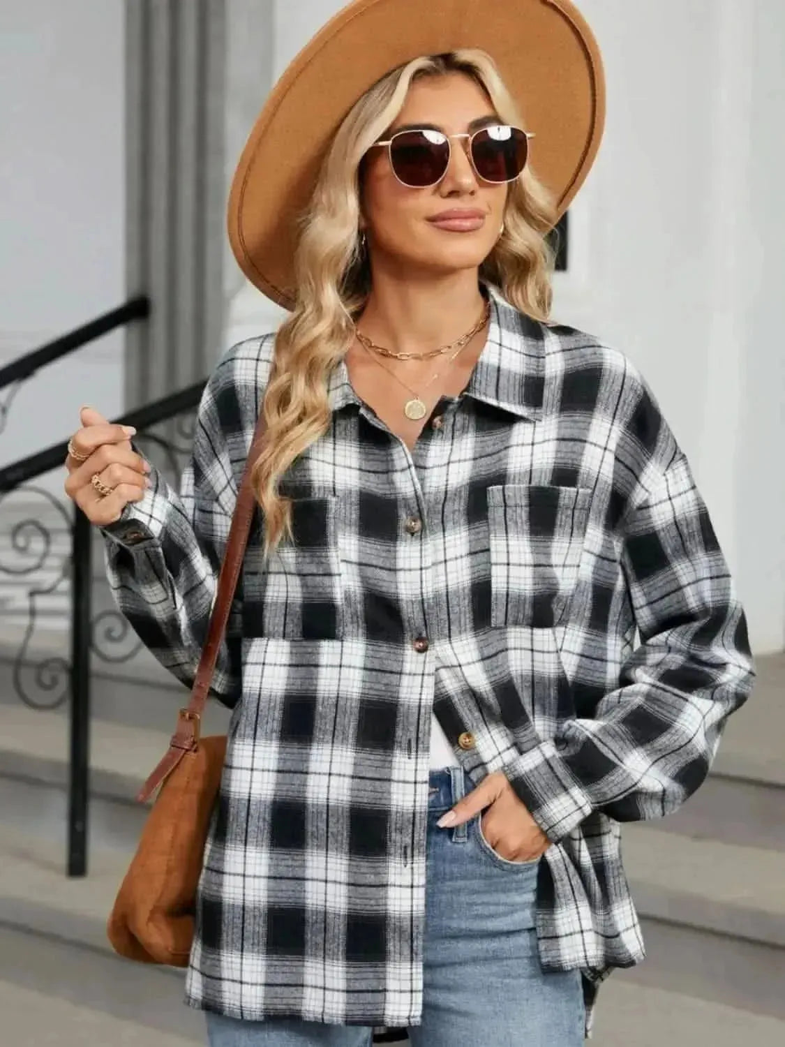 Plaid Collared Neck Long Sleeve Shirt - Bad Moms Club