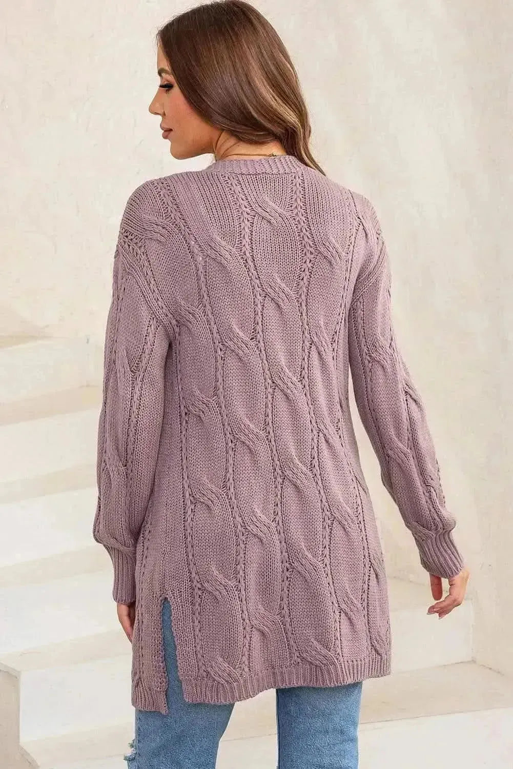Cable-Knit Dropped Shoulder Slit Cardigan - Bad Moms Club