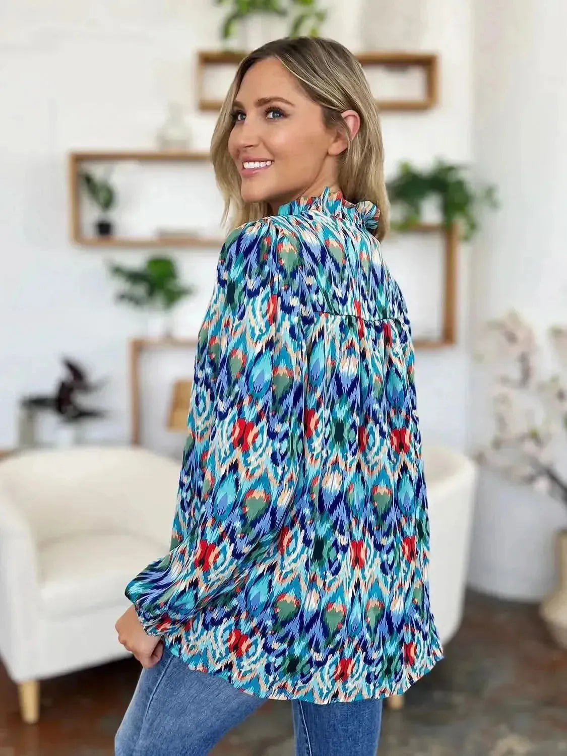 Double Take Full Size Printed Balloon Sleeve Blouse - Bad Moms Club