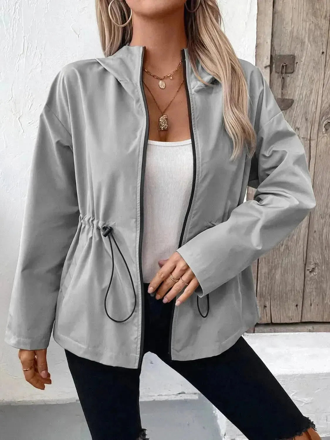 Drawstring Zip Up Hooded Jacket - Bad Moms Club