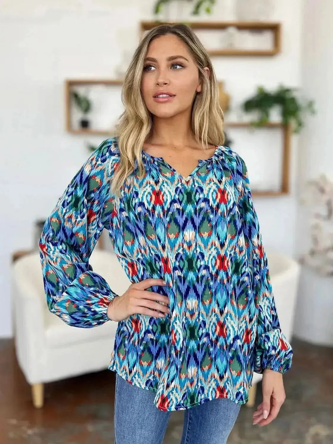 Double Take Full Size Printed Balloon Sleeve Blouse - Bad Moms Club