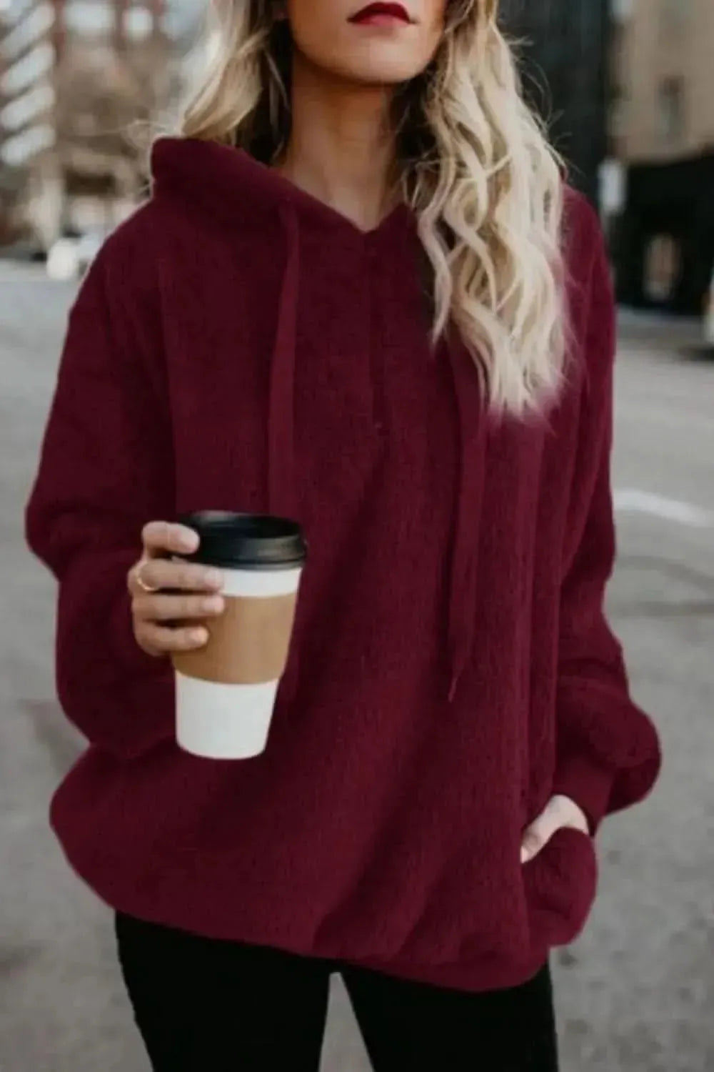 Full Size Quarter-Zip Drawstring Teddy Hoodie - Bad Moms Club