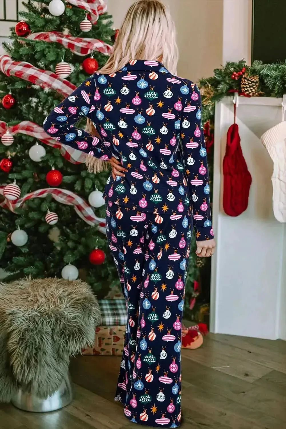 Christmas Lights Print Collared Neck Top and Pants Set - Bad Moms Club