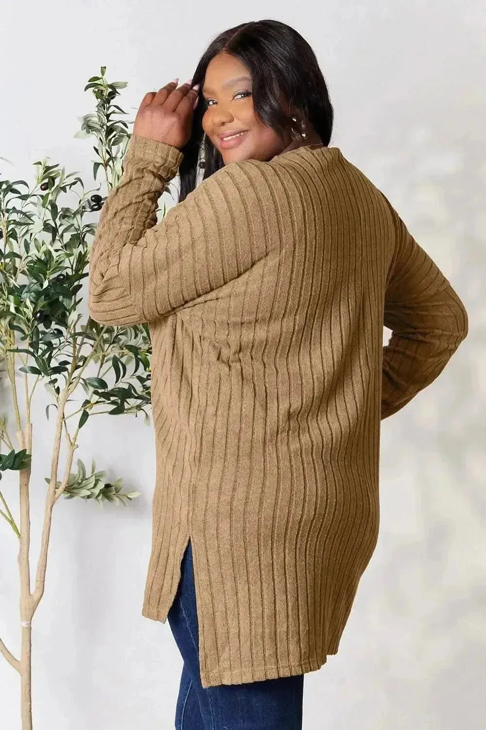 Basic Bae Full Size Ribbed Round Neck Long Sleeve Slit Top - Bad Moms Club