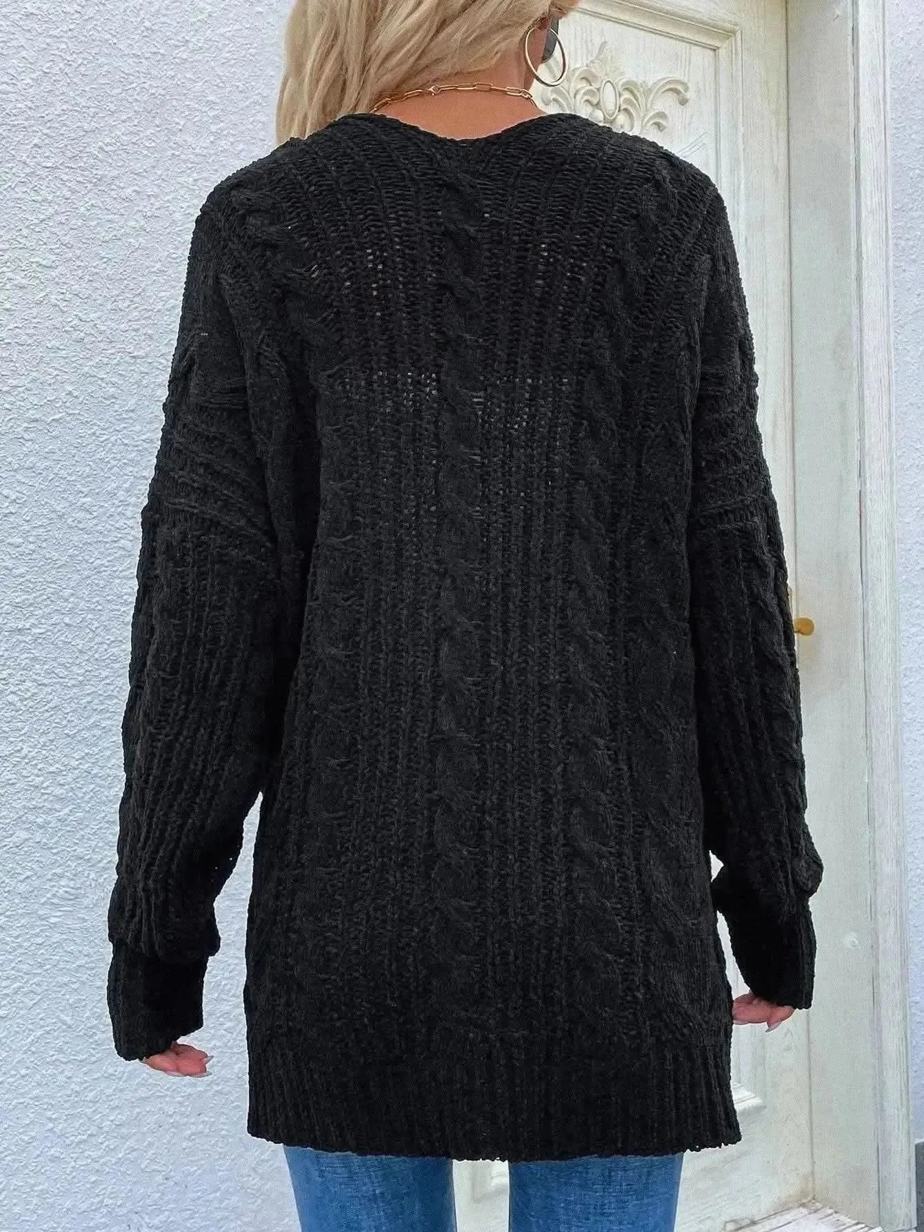 Woven Right Cable-Knit Open Front Cardigan with Front Pockets - Bad Moms Club