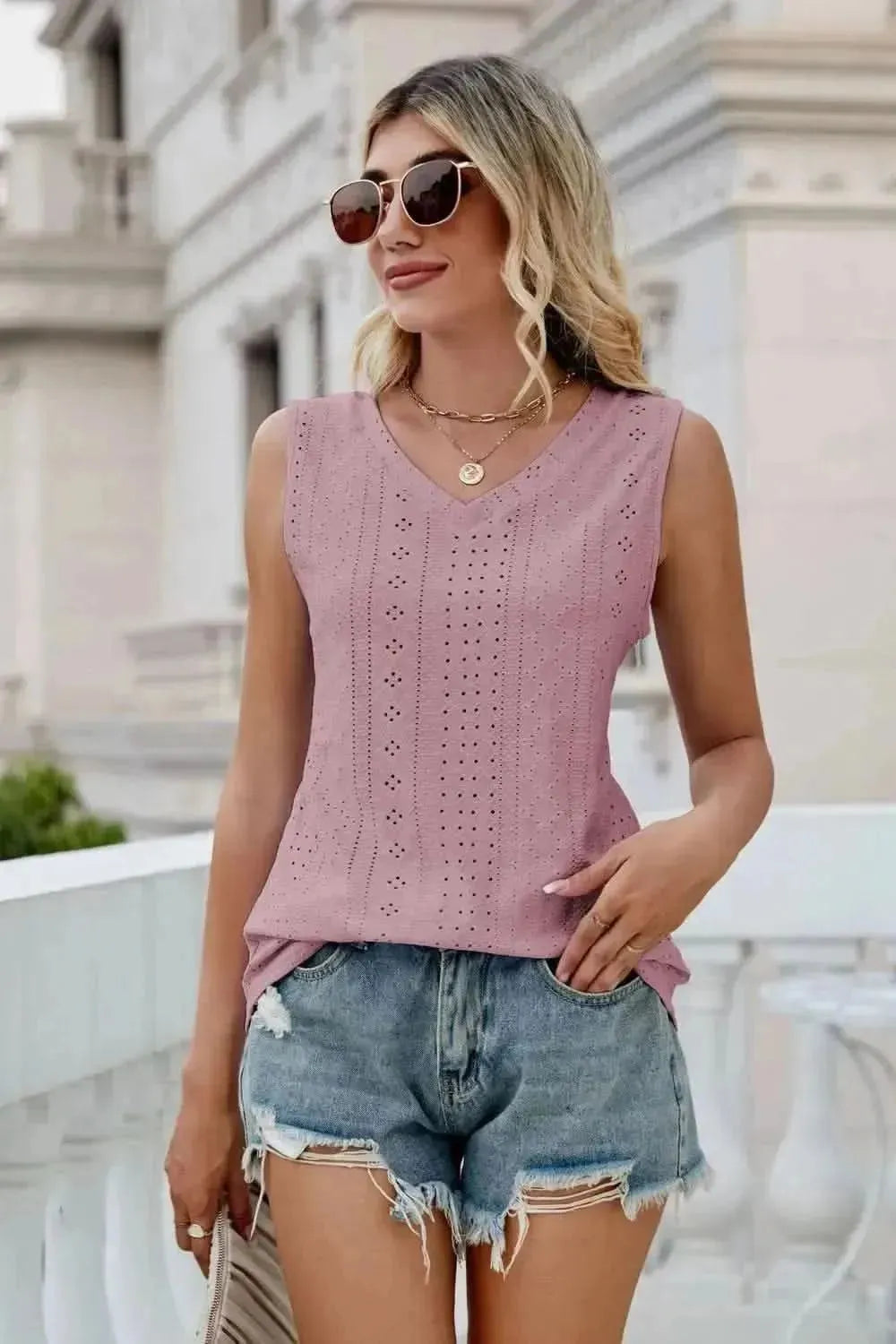 Eyelet V-Neck Tank - Bad Moms Club