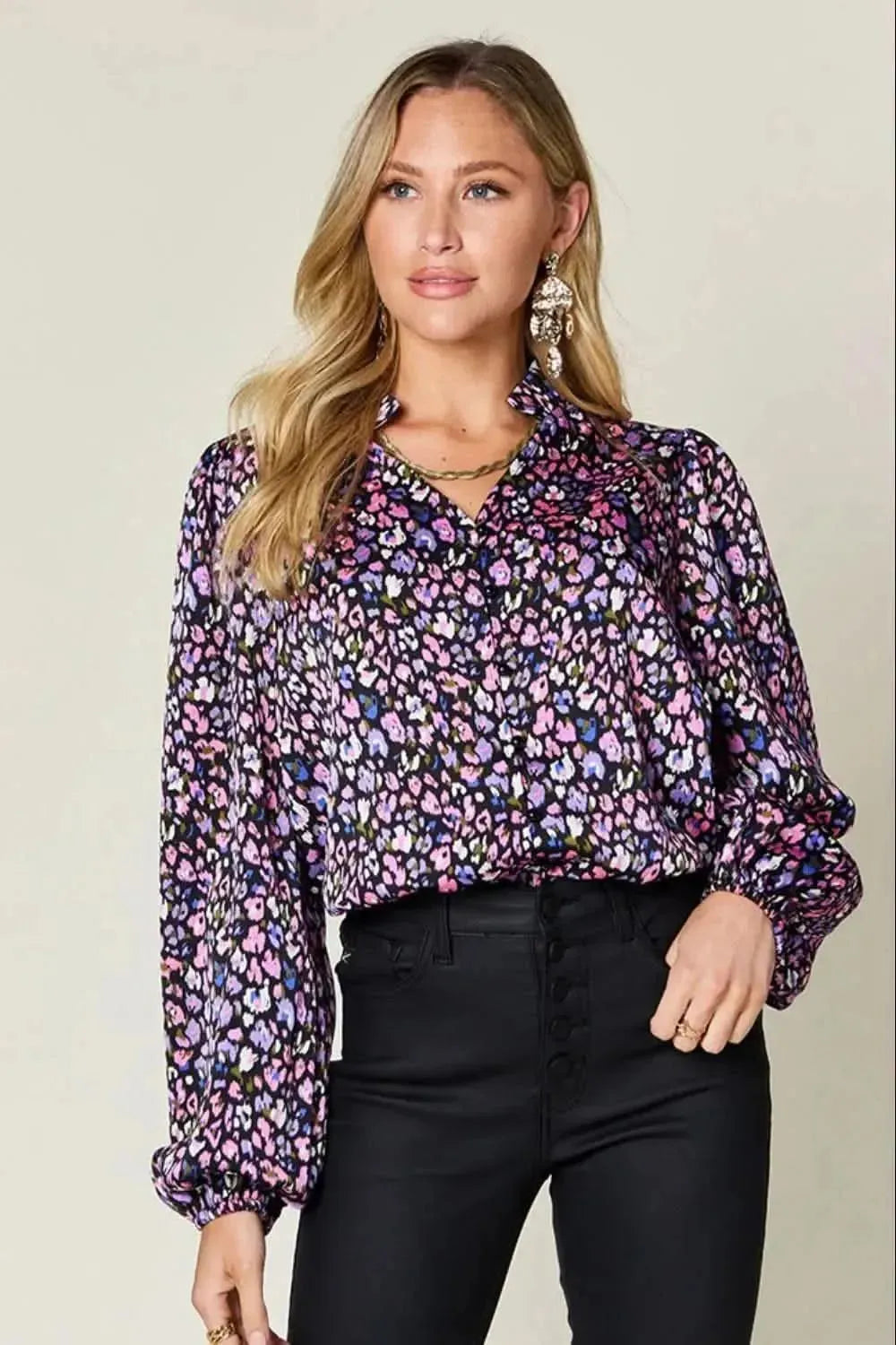 Double Take Full Size Printed Balloon Sleeve Shirt - Bad Moms Club