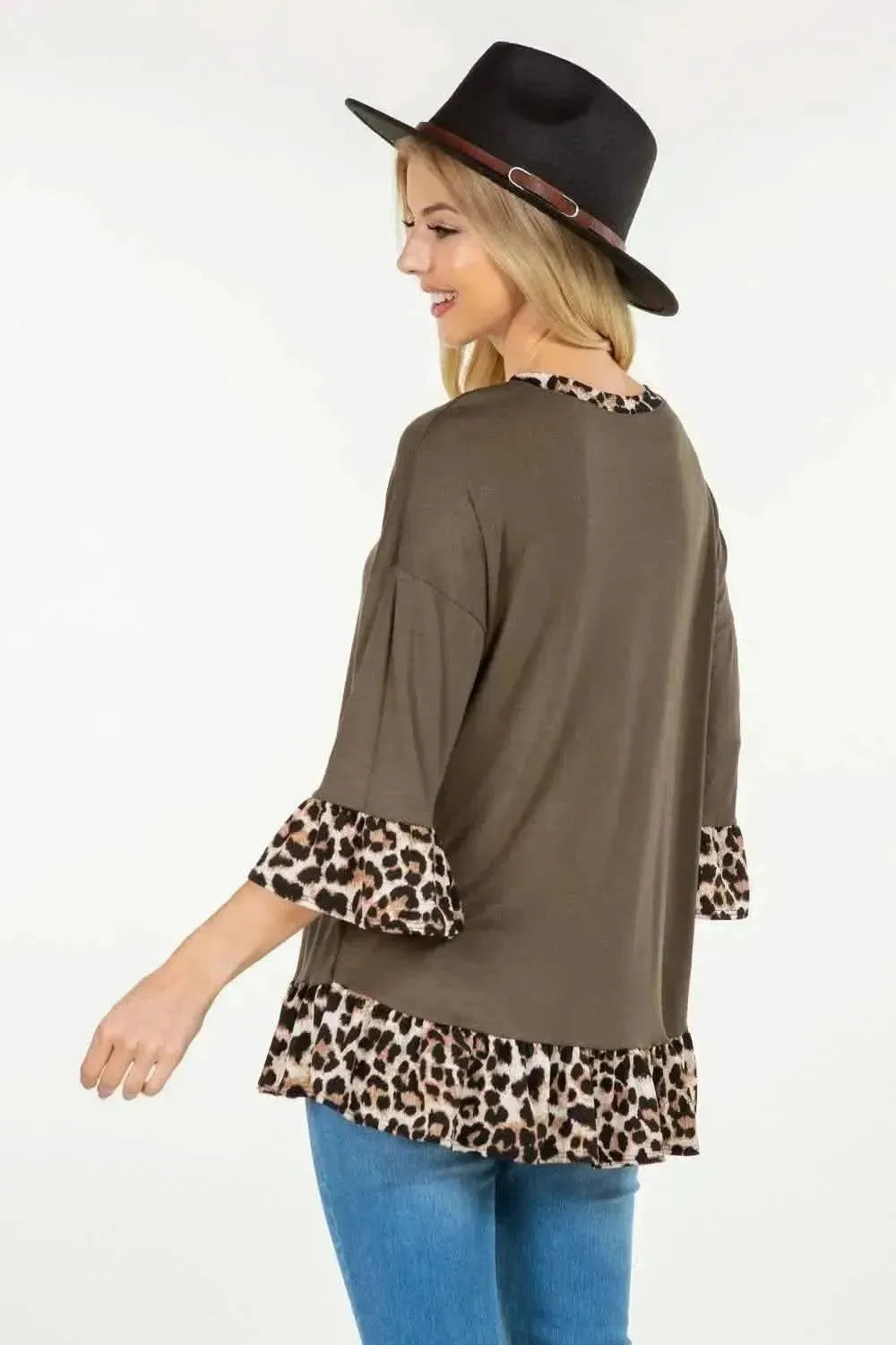 Celeste Full Size Flounce Sleeve Leopard Trim Top - Bad Moms Club