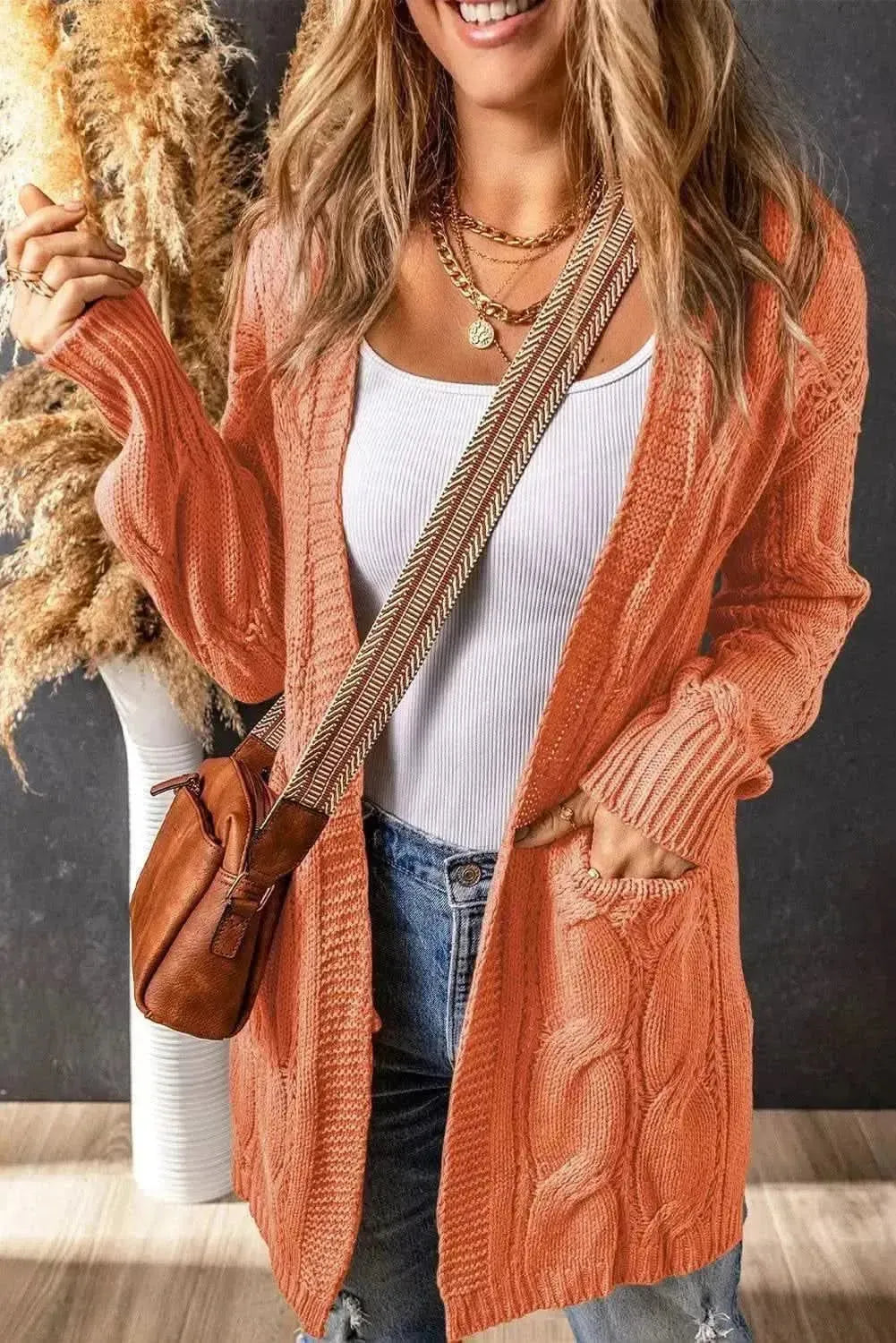 Cable-Knit Dropped Shoulder Slit Cardigan - Bad Moms Club