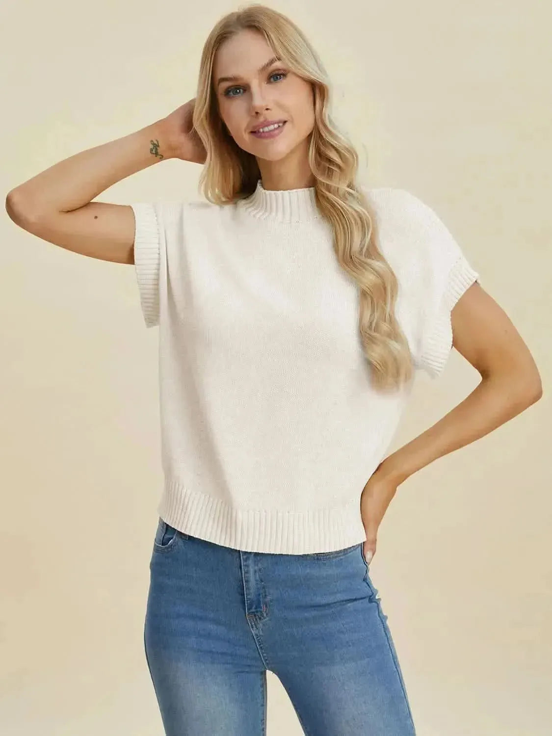 Double Take Full Size Mock Neck Short Sleeve Sweater - Bad Moms Club
