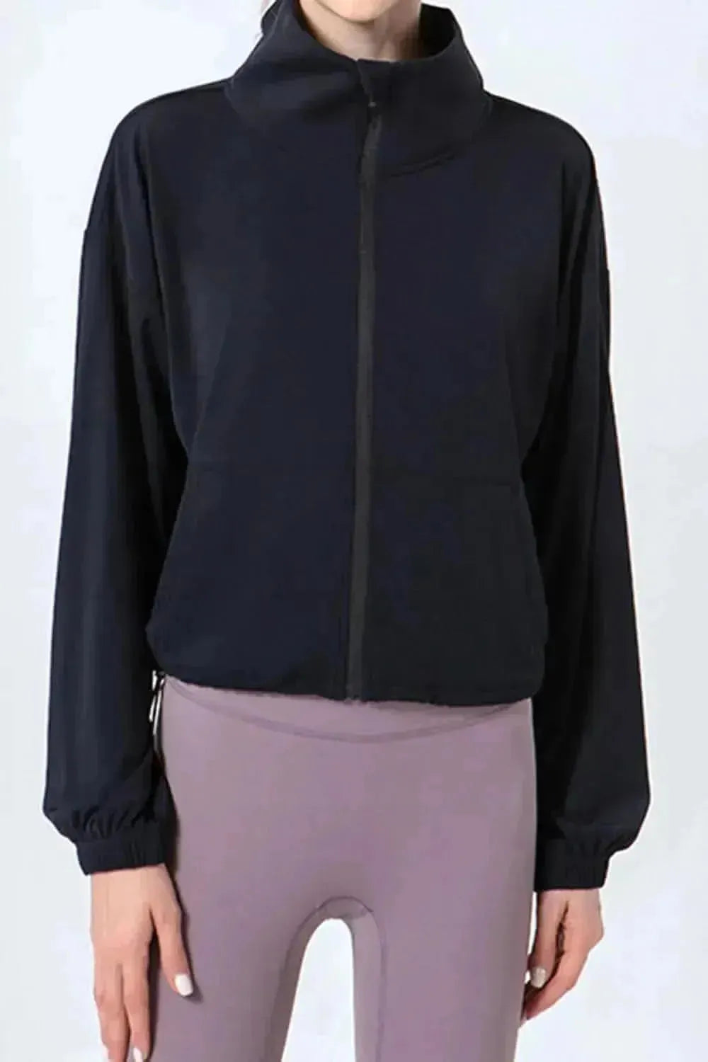 Drawstring Zip Up Dropped Shoulder Active Outerwear - Bad Moms Club