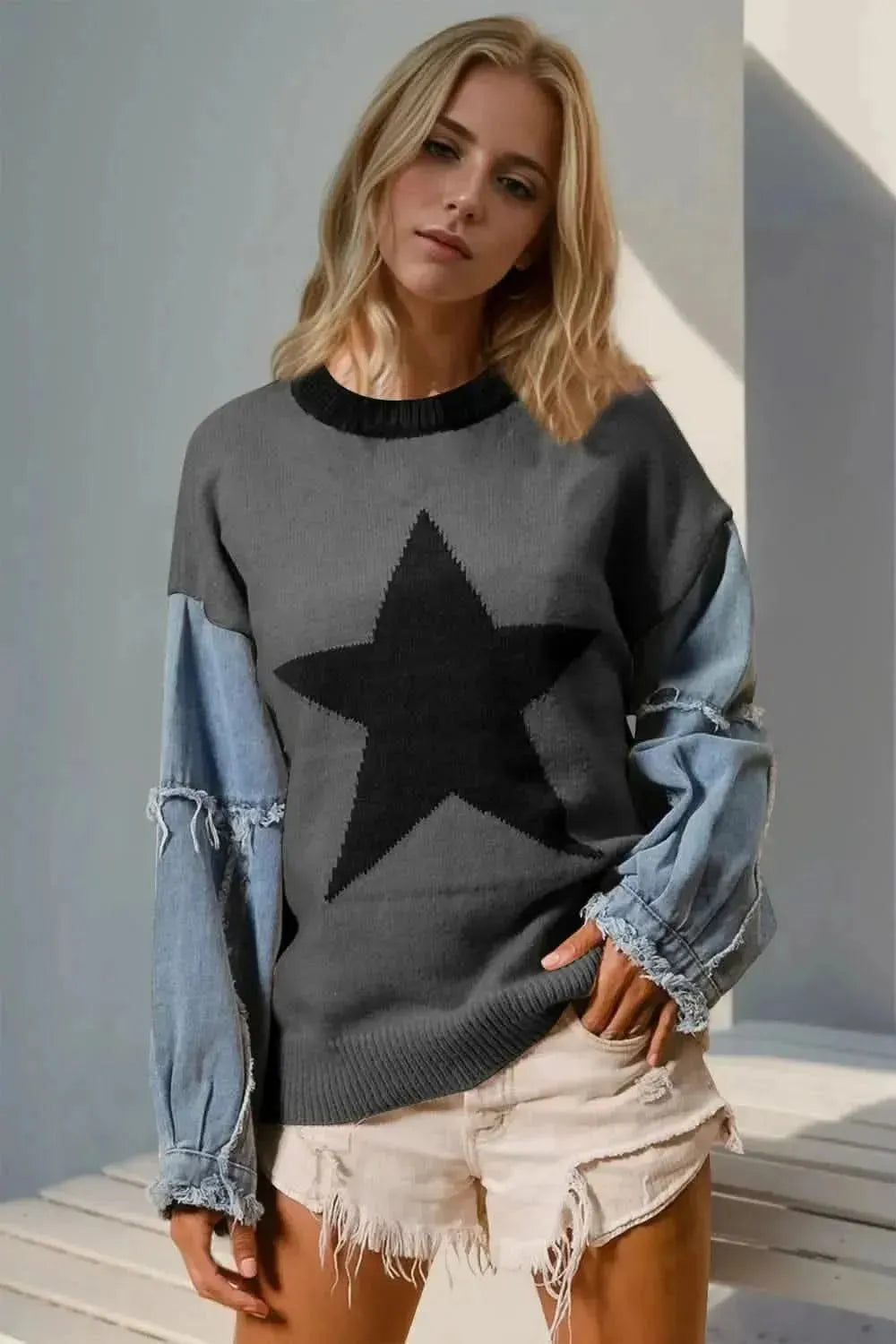 Double Take Full Size Star Pattern Raw Edge Long Sleeve Sweater - Bad Moms Club
