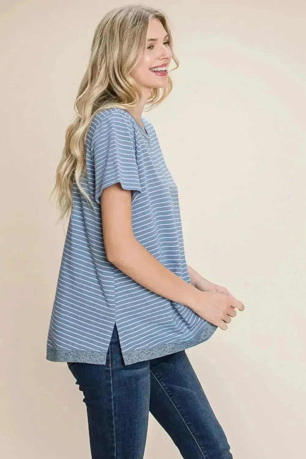 Cotton Bleu by Nu Lab Slit Striped Notched Short Sleeve T-Shirt - Bad Moms Club