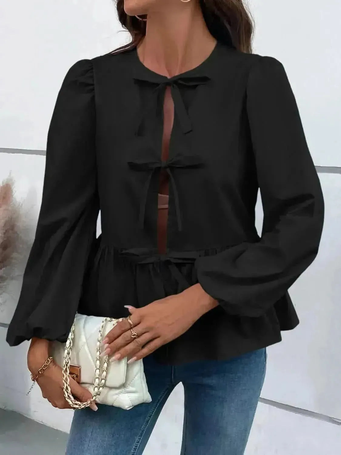 Ivy Lane Peplum Tied Long Sleeve Blouse - Bad Moms Club