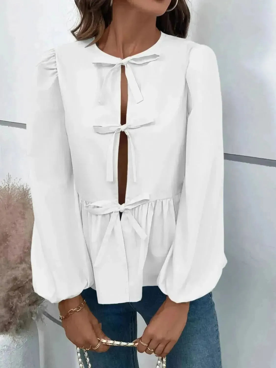 Ivy Lane Peplum Tied Long Sleeve Blouse - Bad Moms Club