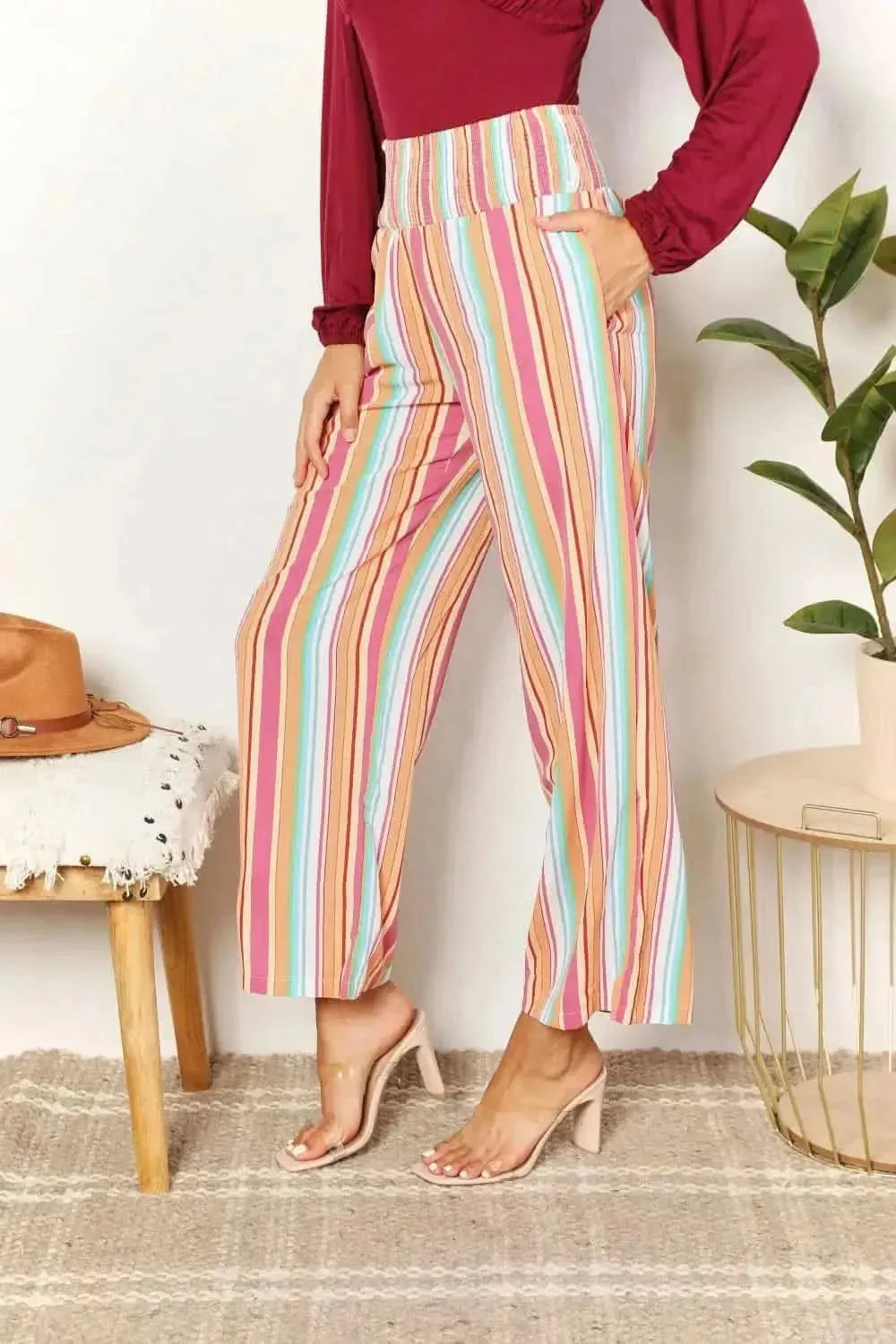 Double Take Striped Smocked Waist Pants with Pockets - Bad Moms Club