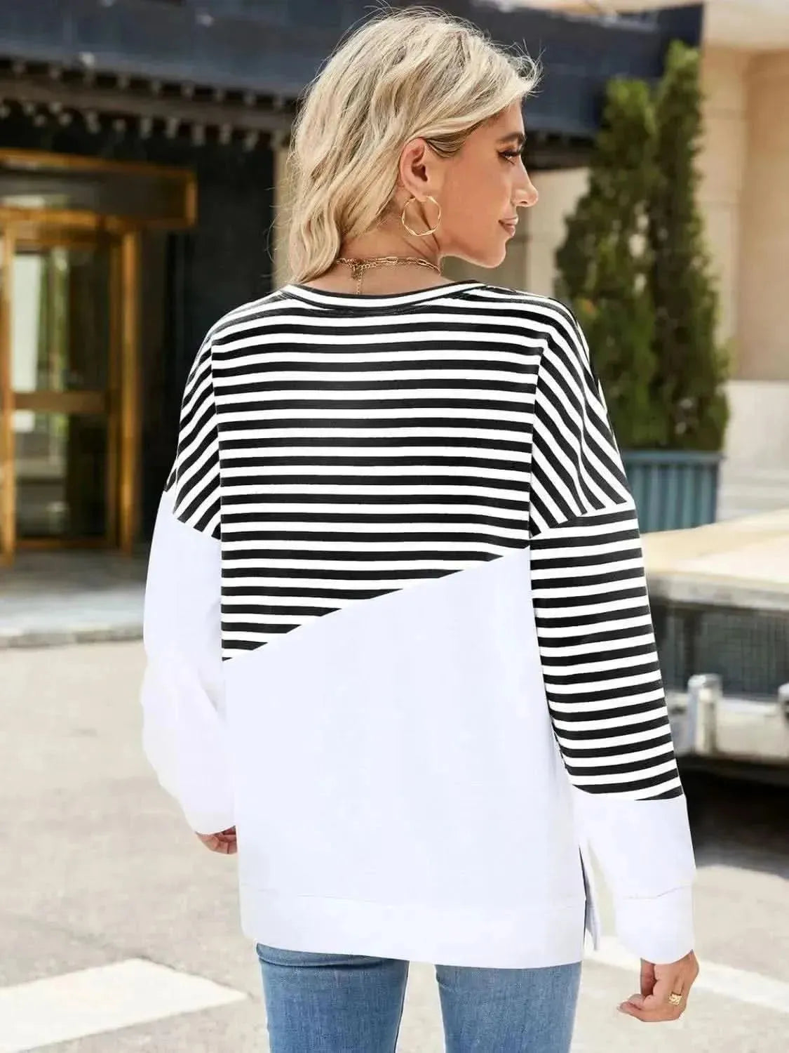 Slit Contrast Striped Long Sleeve Sweatshirt - Bad Moms Club