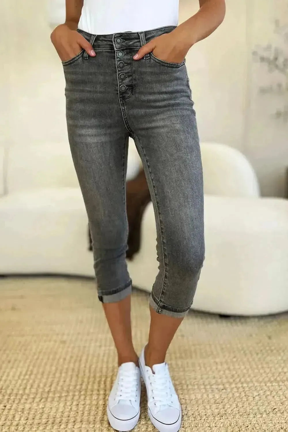 Judy Blue Full Size Button Fly High Waist Cuffed Capris - Bad Moms Club