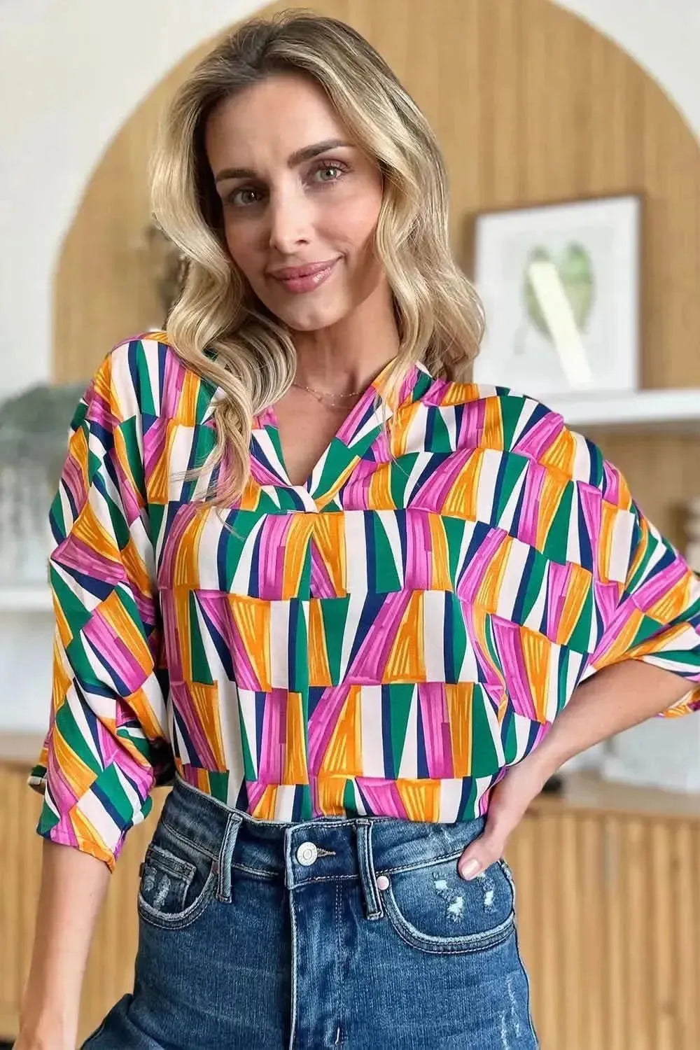 Double Take Full Size Geometric Notched Dolman Sleeve Top - Bad Moms Club
