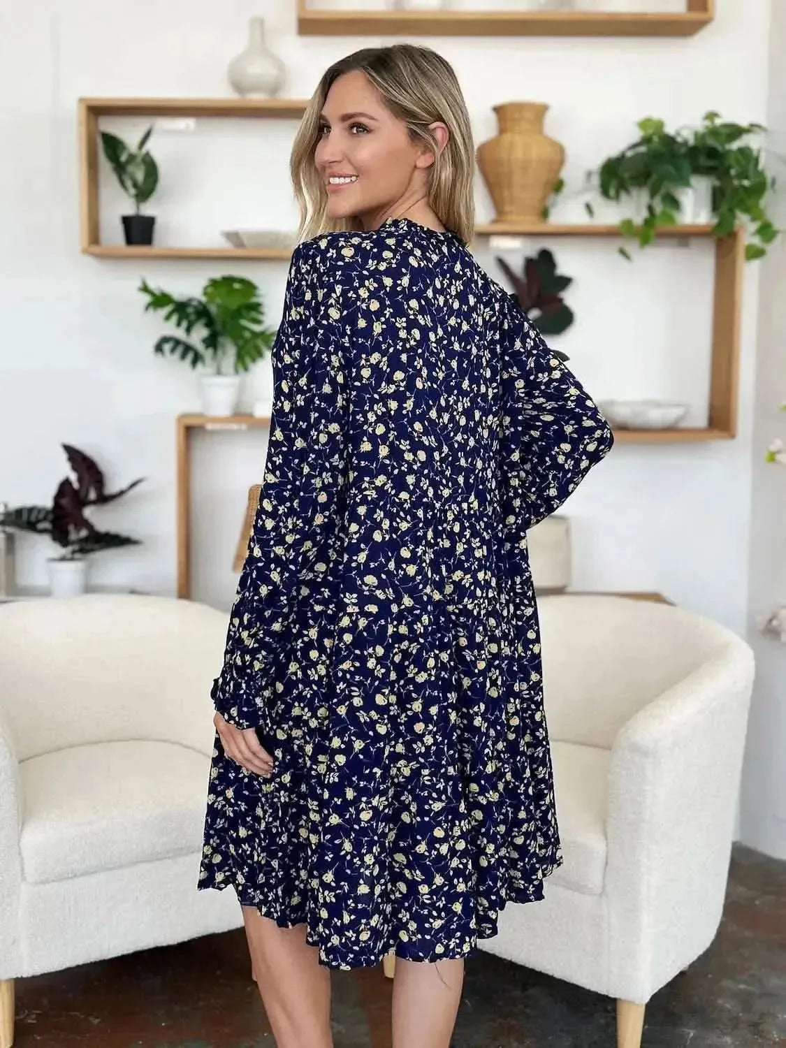 Double Take Full Size Printed Ruffle Hem Long Sleeve Tiered Dress - Bad Moms Club