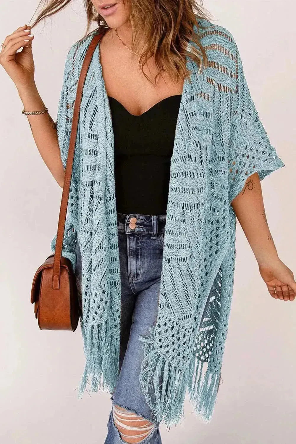 Openwork Open Front Cardigan with Fringes - Bad Moms Club
