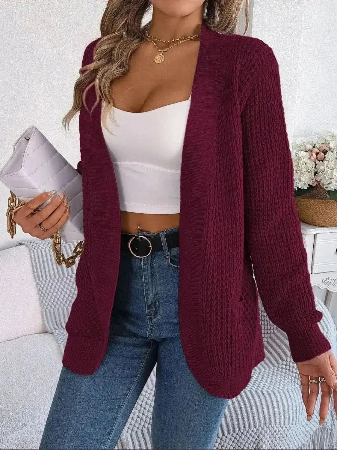 Open Front Long Sleeve Cardigan with Pockets - Bad Moms Club