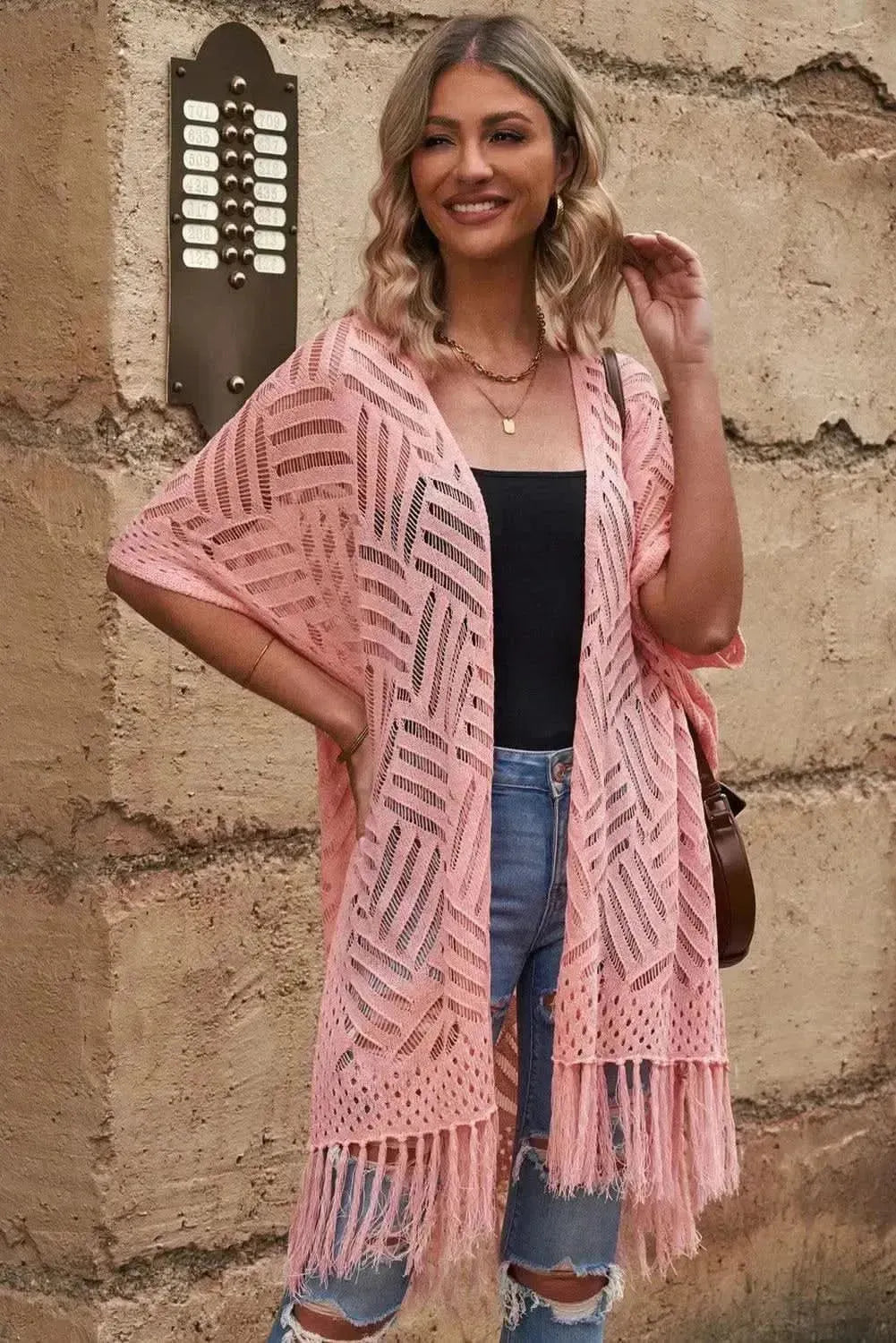 Openwork Open Front Cardigan with Fringes - Bad Moms Club