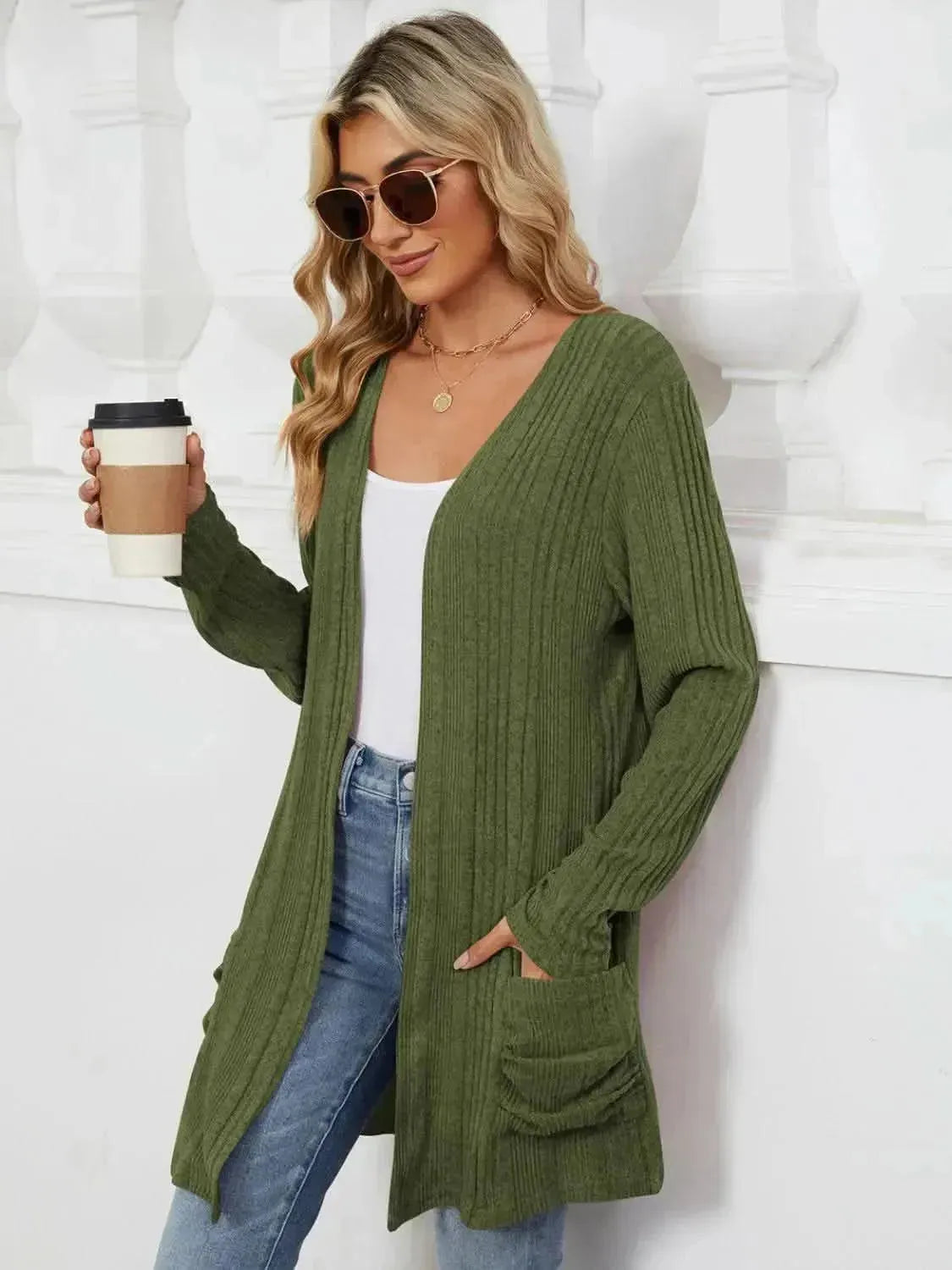 Pocketed Open Front Long Sleeve Cardigan - Bad Moms Club