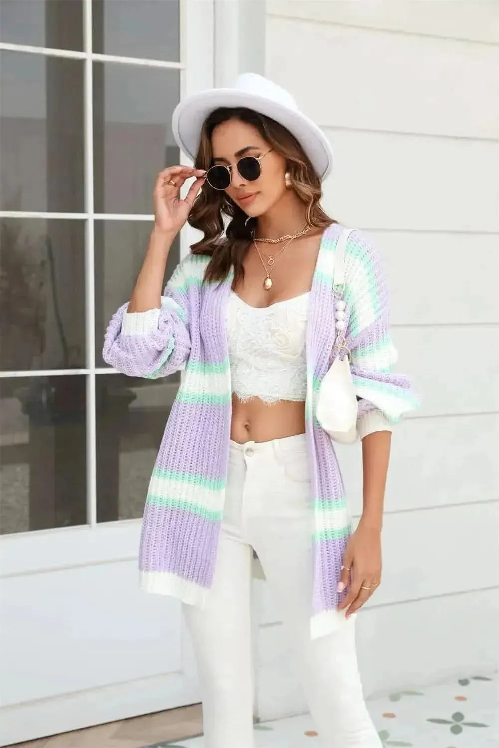 Color Block Ribbed Dropped Shoulder Open Front Cardigan - Bad Moms Club
