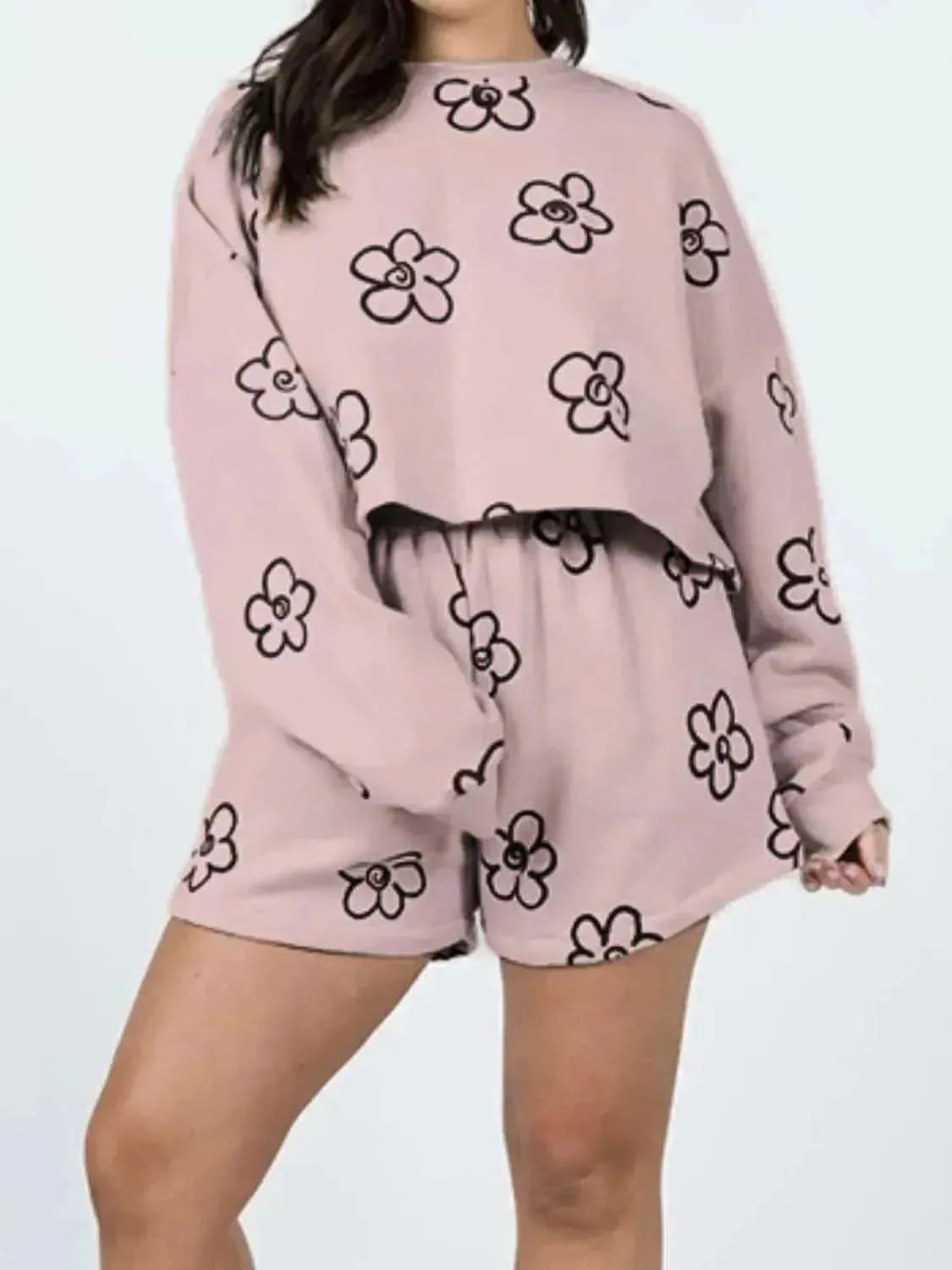 Floral Dropped Shoulder Sweatshirt and Shorts Set - Bad Moms Club