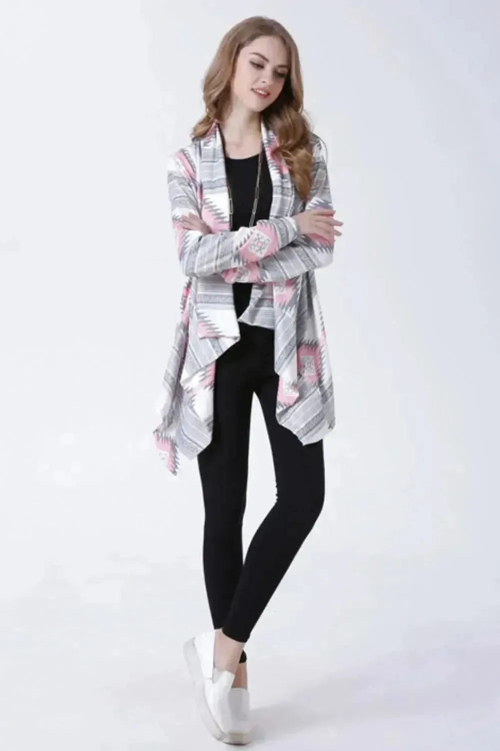 Geometric Open Front Handkerchief Hem Cardigan - Bad Moms Club