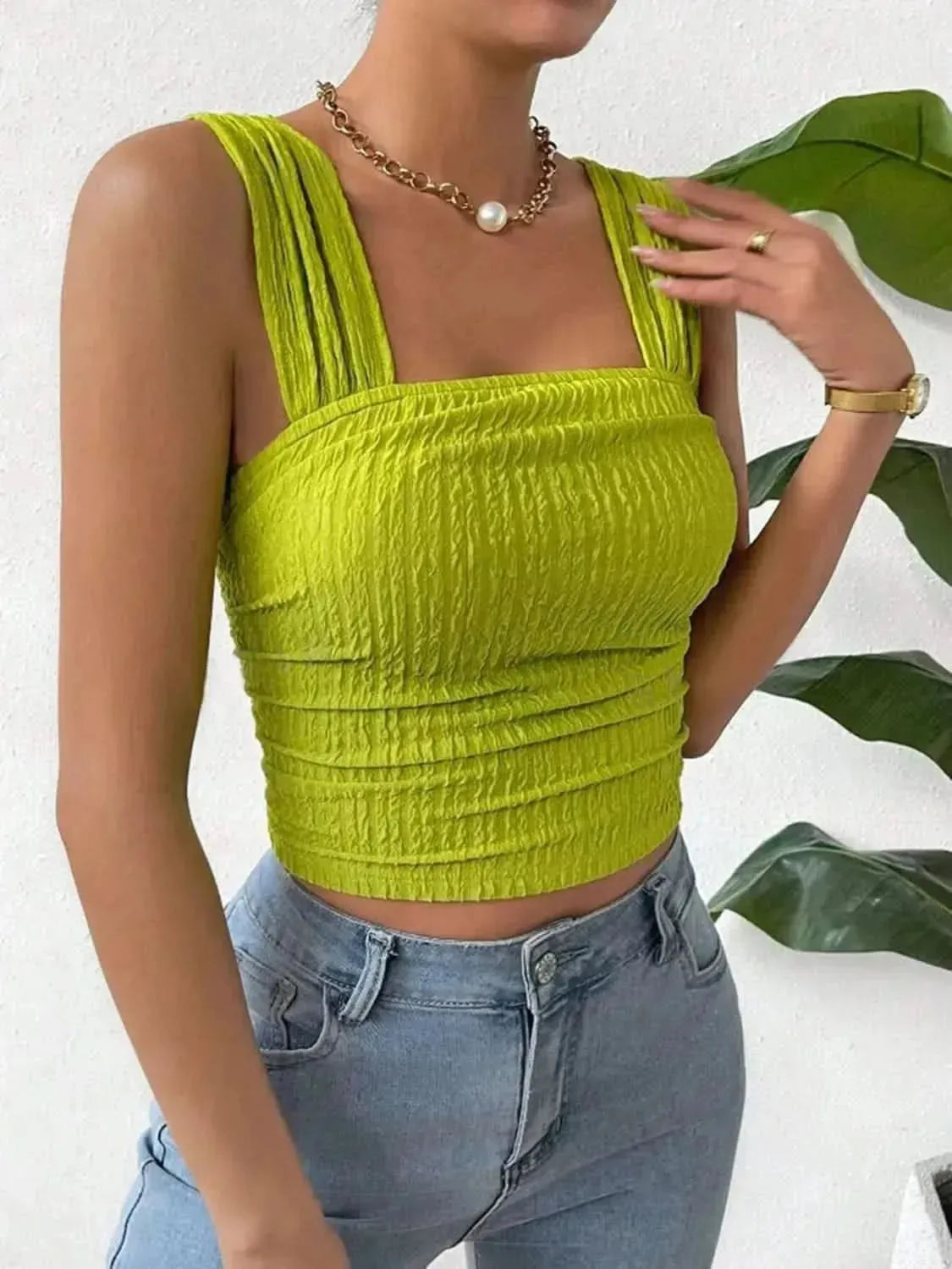 Textured Square Neck Wide Strap Tank - Bad Moms Club