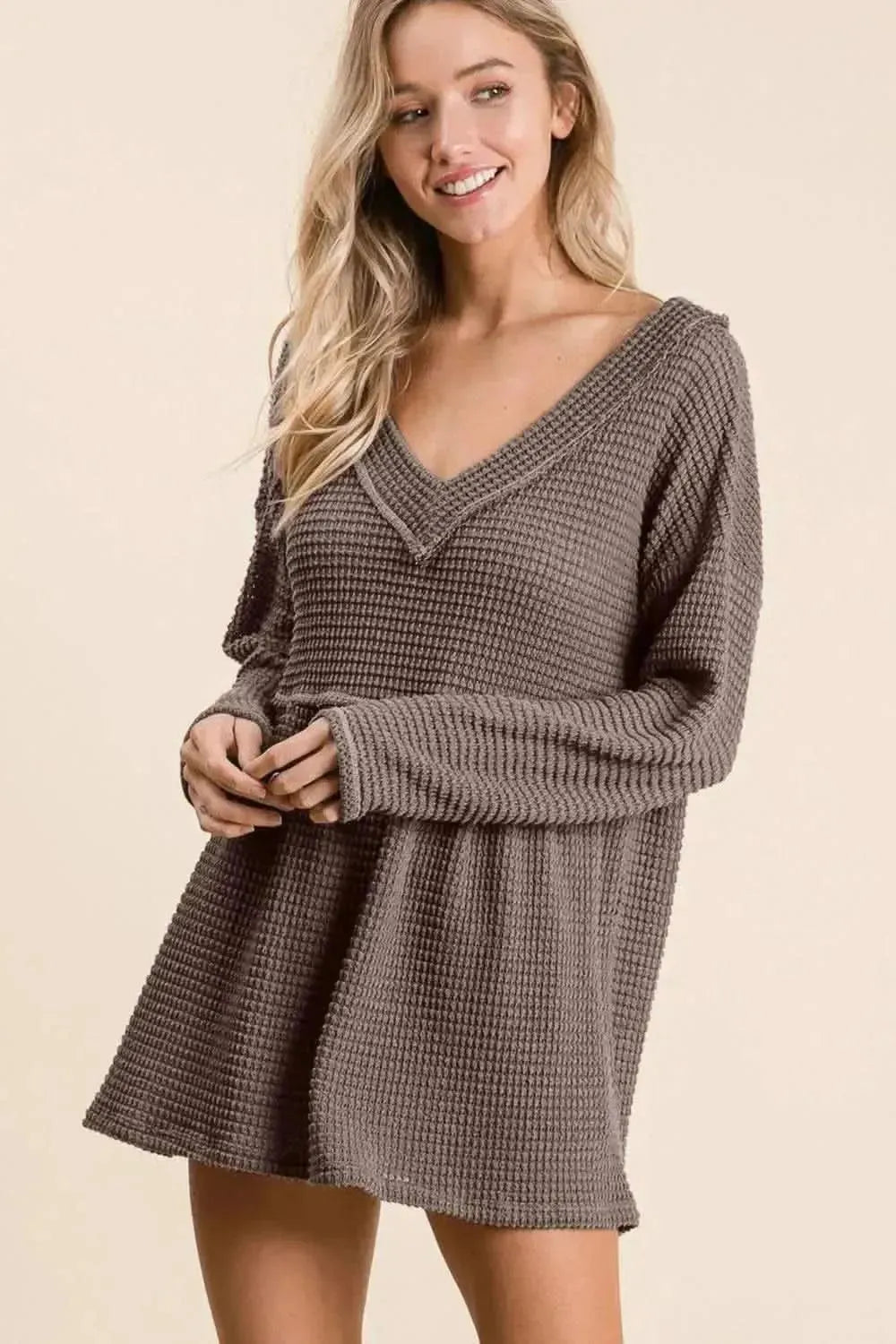 BiBi Waffle Knit V-Neck Babydoll Blouse - Bad Moms Club