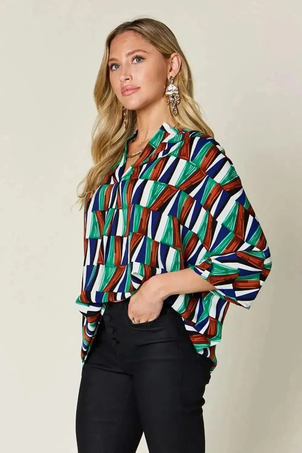 Double Take Full Size Geometric Notched Dolman Sleeve Top - Bad Moms Club