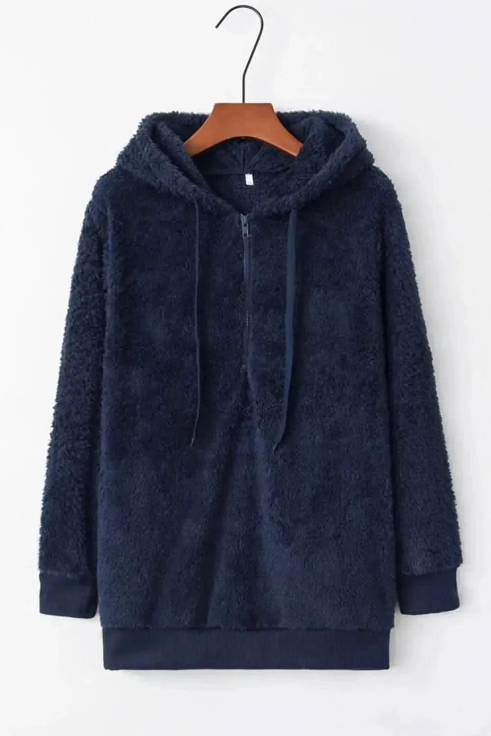 Full Size Quarter-Zip Drawstring Teddy Hoodie - Bad Moms Club