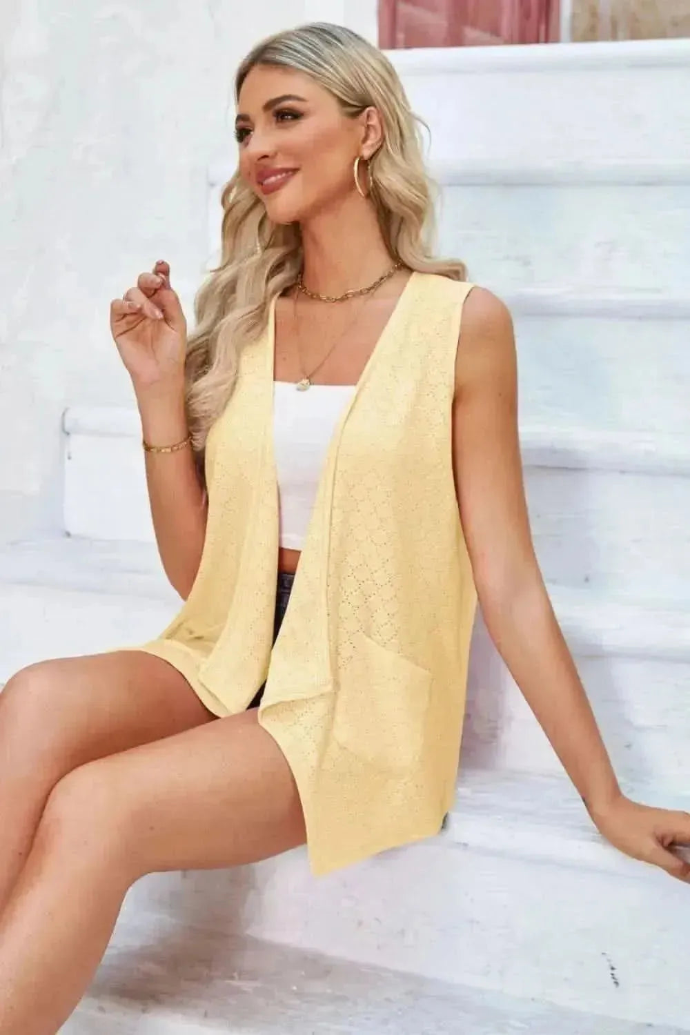Eyelet Open Front Sleeveless Cardigan - Bad Moms Club