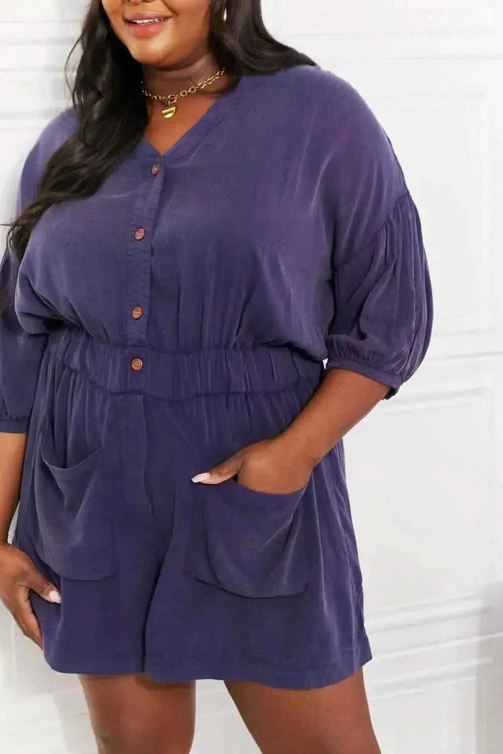 White Birch Full SIze Play It Cool Three-Quarter Sleeve Romper in Blueberry - Bad Moms Club