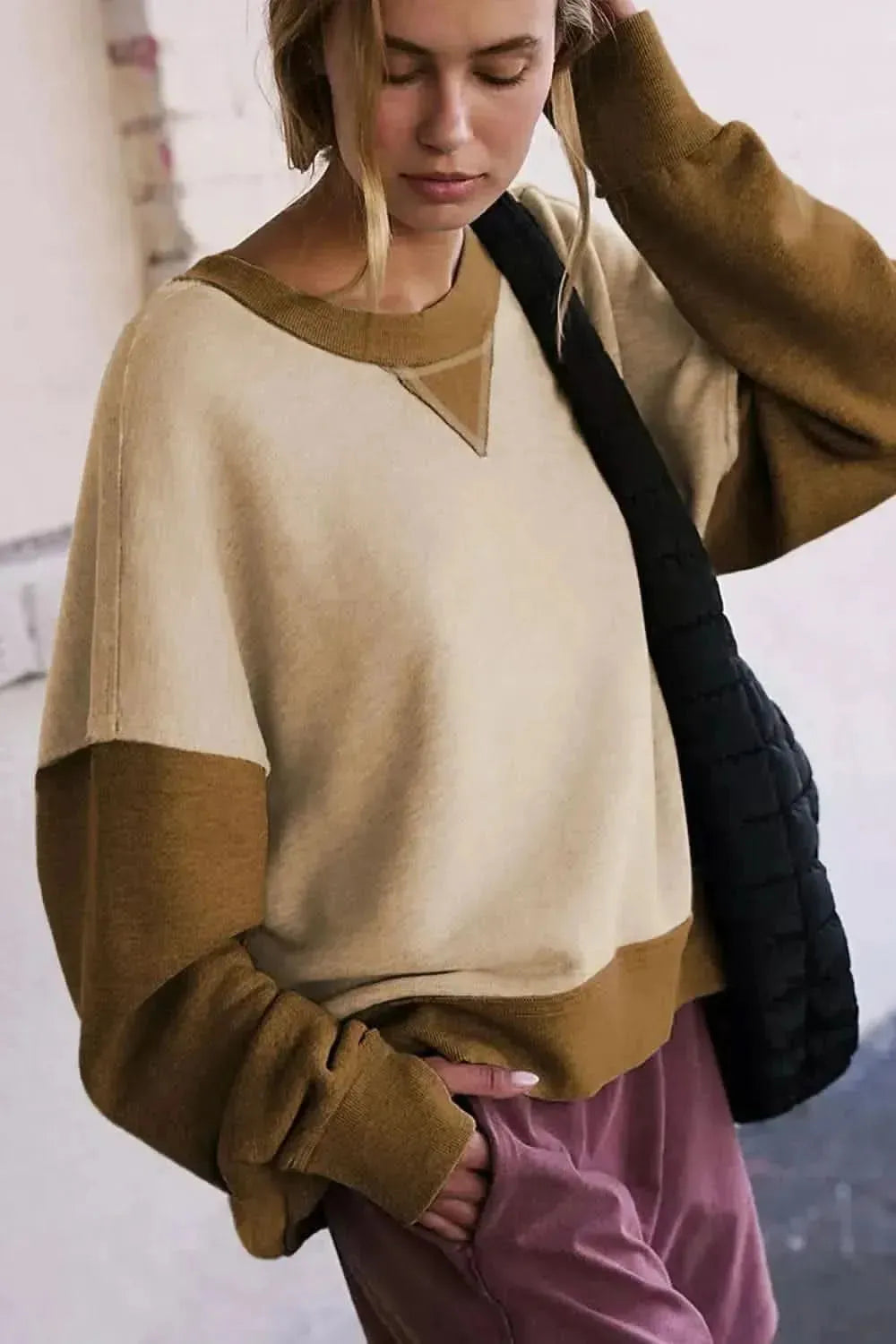 Color Block Round Neck Long Sleeve Sweatshirt - Bad Moms Club