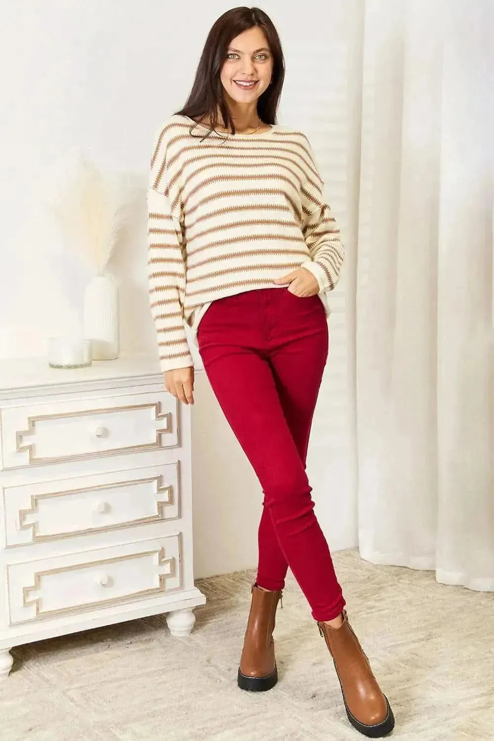 Double Take Striped Boat Neck Sweater - Bad Moms Club
