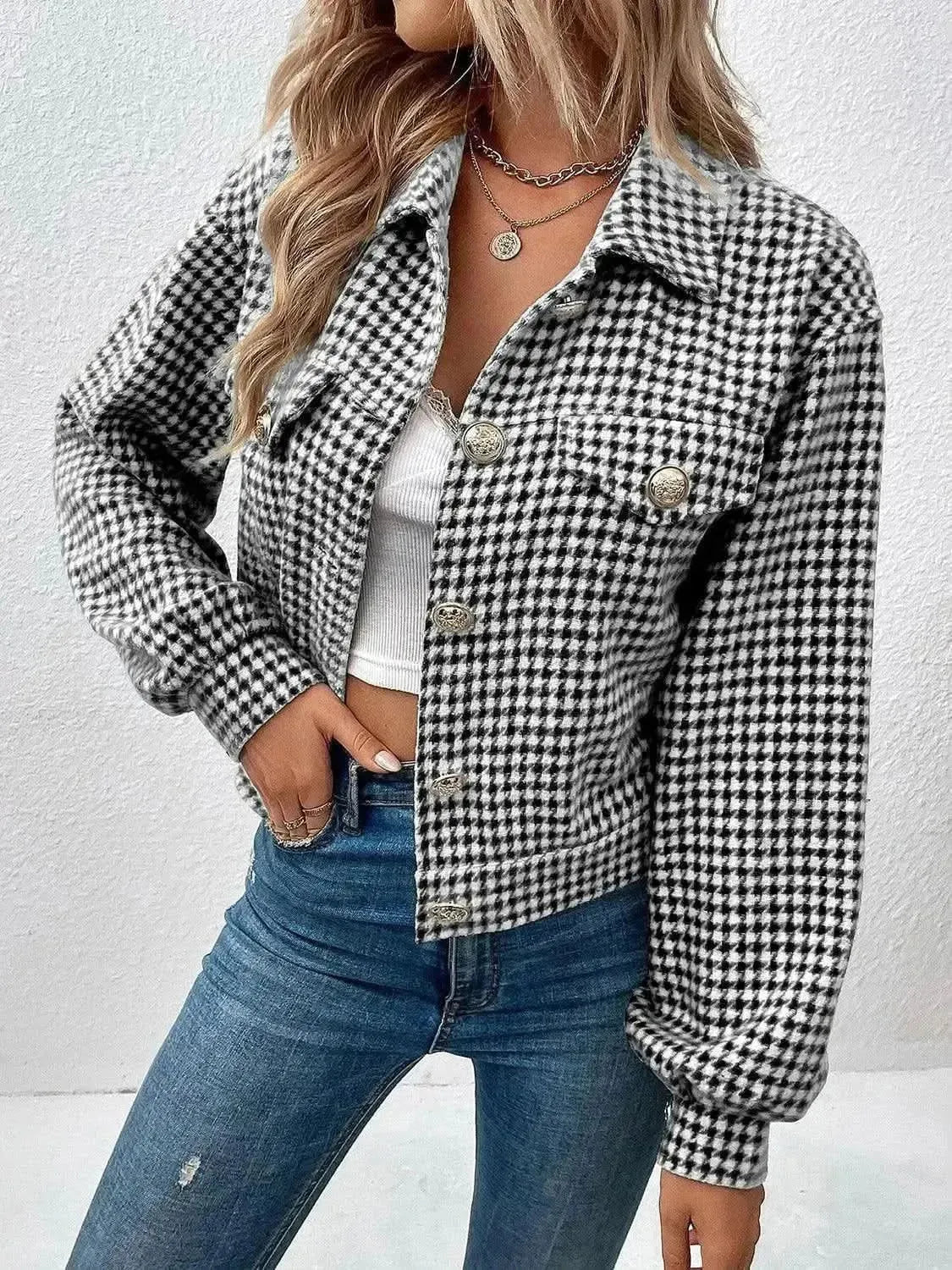 Houndstooth Collared Neck Button Up Jacket - Bad Moms Club