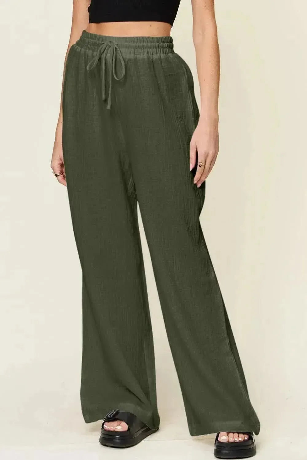 Double Take Full Size Texture Drawstring Wide Leg Pants - Bad Moms Club
